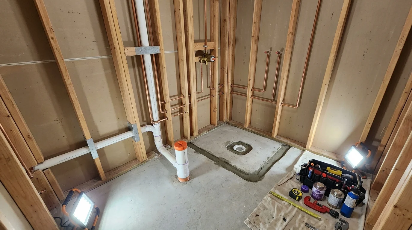 Bathroom rough-in plumbing during remodel by Johns Plumbing LLC in Walled Lake