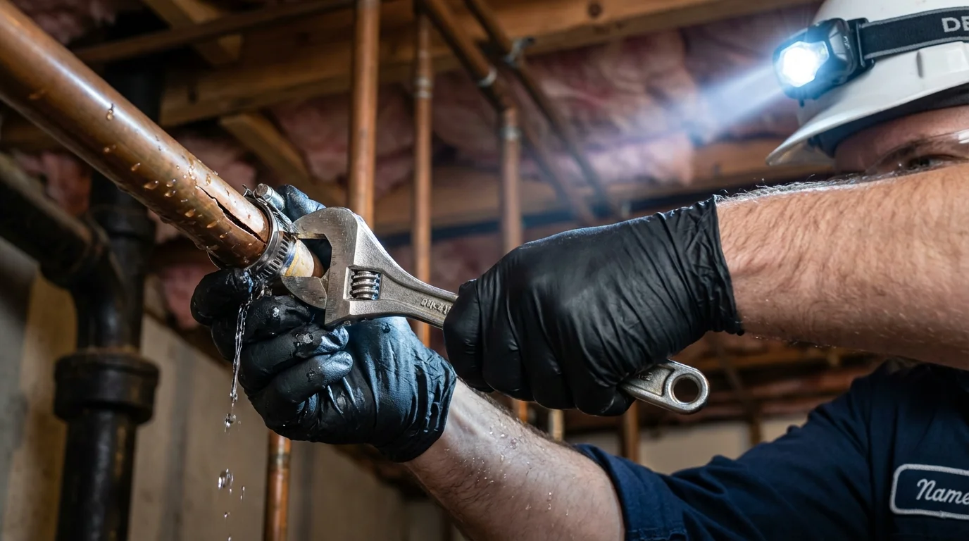 Emergency pipe clamp repair being performed by a Johns Plumbing LLC plumber in Walled Lake