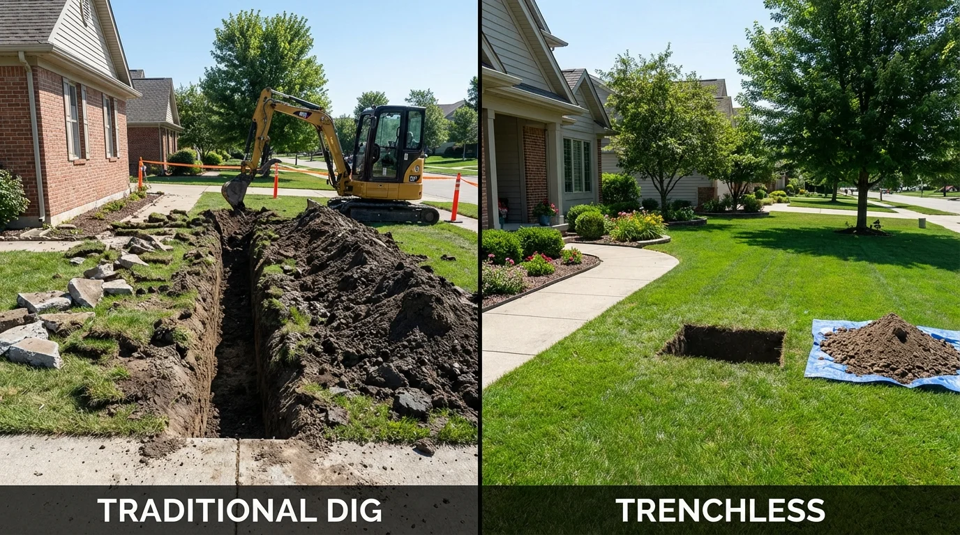 Trenchless sewer repair with minimal yard damage versus traditional excavation in Walled Lake, MI