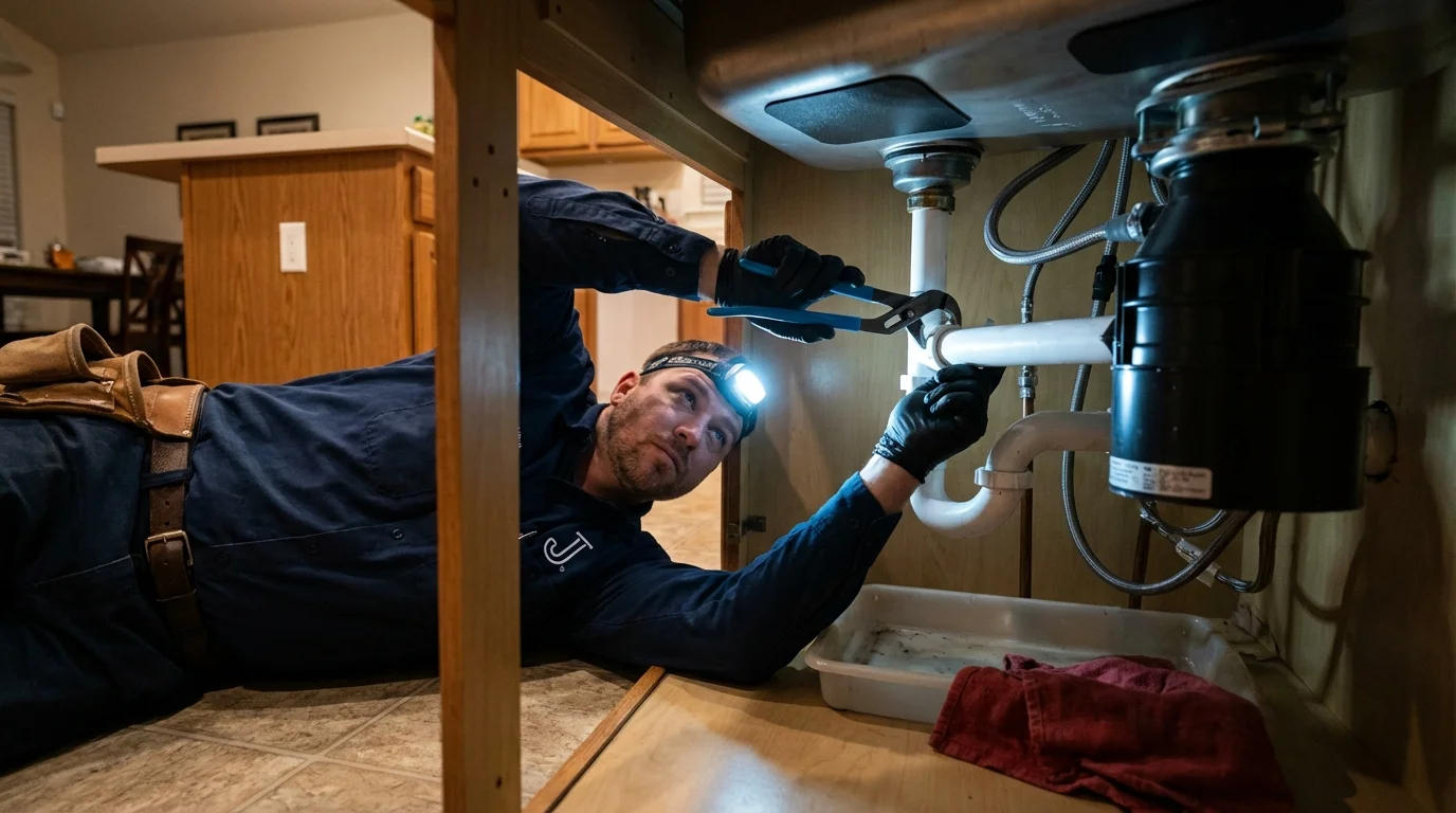 P-trap and supply line connections under a kitchen sink showing a common leak point in Walled Lake, MI
